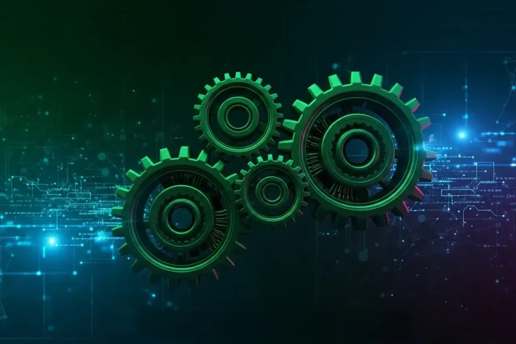 Four green cogs turning in sync on a dark background, illustrating efficient AI Automation and workflow processes.