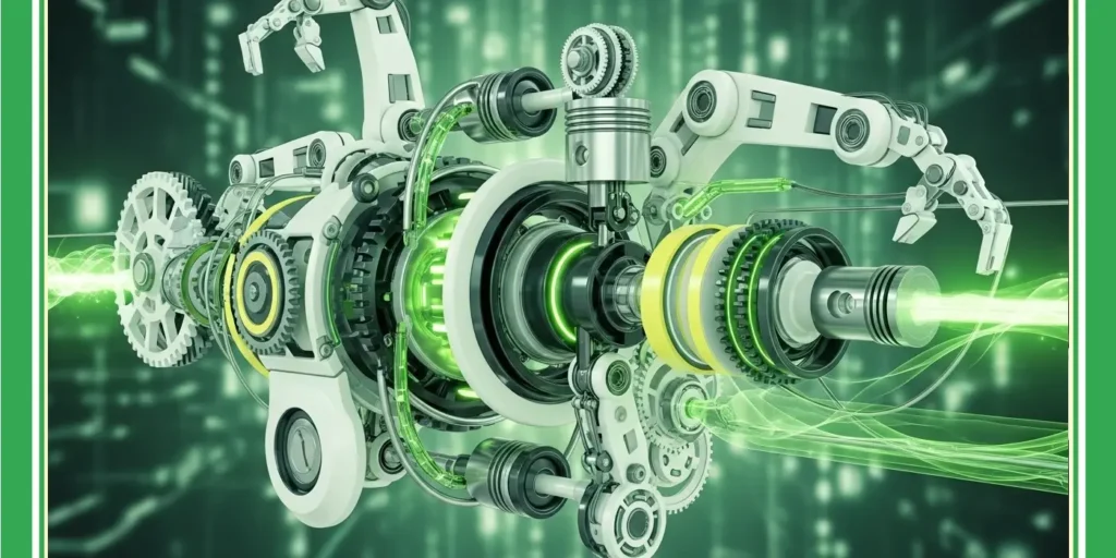 An elaborate, futuristic mechanical contraption featuring gears, lasers, and robotic arms, symbolizing the advanced capabilities and complex workflows handled by AI Automation.