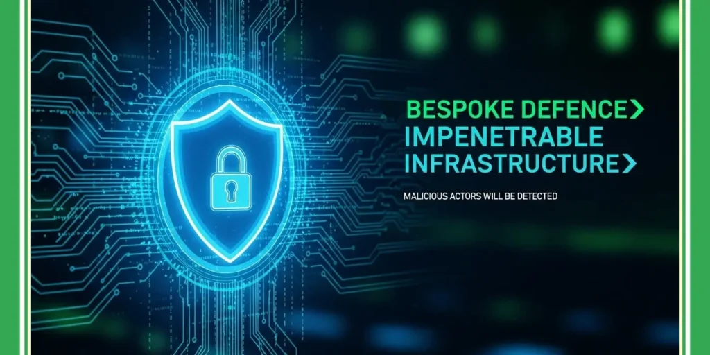 Digitalised background featuring prominent padlock and shield icons with the text 'Bespoke Defence & Impenetrable Infrastructure', representing GODDRA's robust IT Security services.
