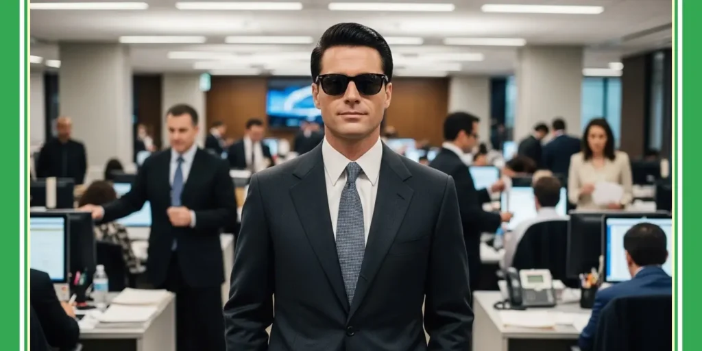Smartly dressed professional wearing sunglasses in a busy office environment, symbolizing the absolute confidentiality and discretion of GODDRA's Isle of Man services.