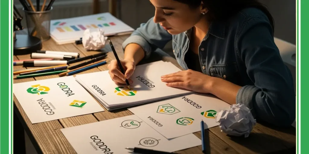 Female graphic designer crafting a bespoke logo by sketching on a notepad, representing GODDRA's professional Logo Design and branding services.