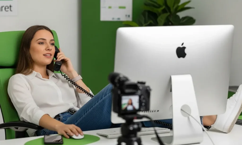 Relaxed receptionist handling a call in a welcoming manner, inviting visitors to Discover more about GODDRA's culture, and additional services.
