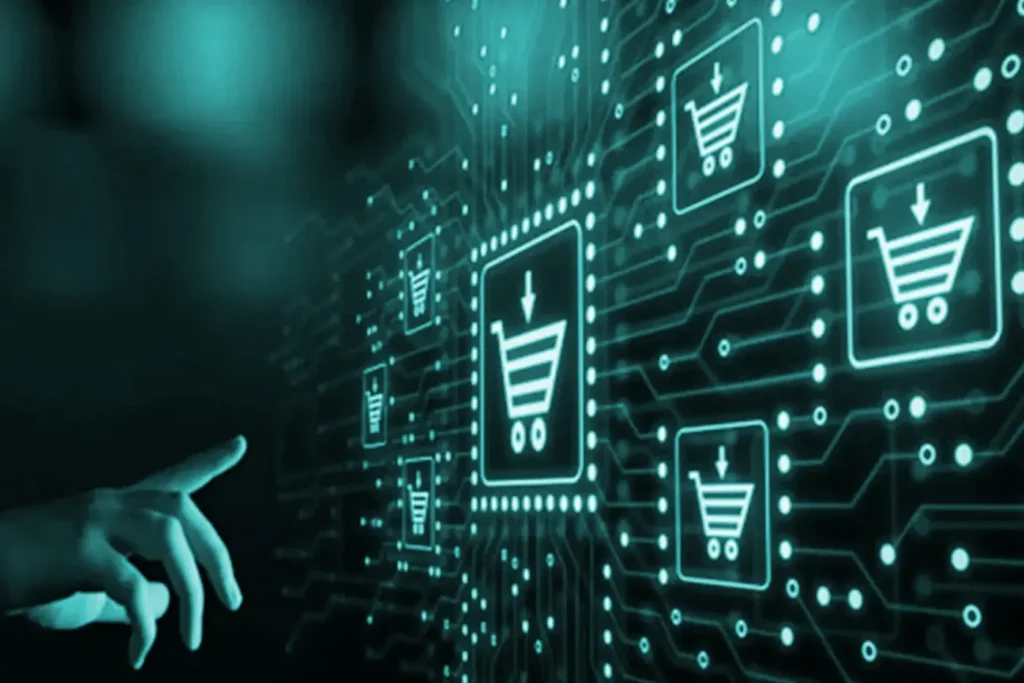 Outstretched hand selecting a shopping cart button on a futuristic green touch interface, symbolizing the seamless user experience of GODDRA's Online Store and Ecommerce solutions.