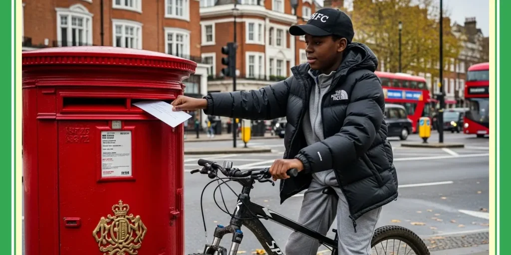 Young person on a bicycle delivering a letter into a letterbox, playfully illustrating the 'Get in Touch' and Contact Us section.