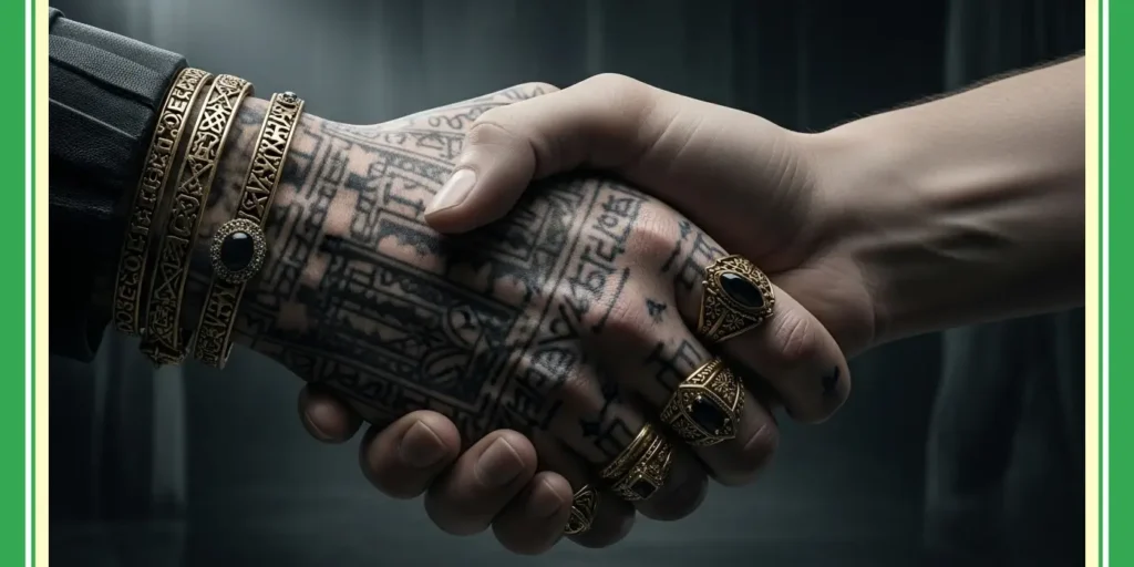 A handshake between contrasting hands (one plain, one tattooed and jewelled), symbolizing the diverse and flexible partnership arrangements offered by GODDRA.