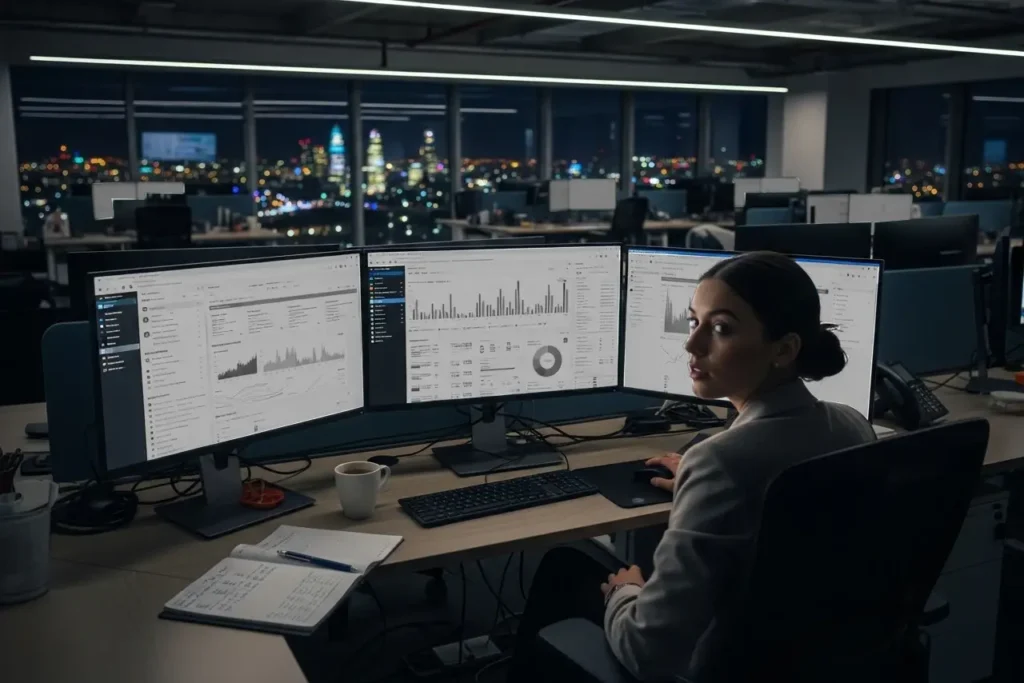 Dedicated cybersecurity professional working late in a darkened office, symbolizing the 24/7 vigilance of GODDRA's Identify Threats IT Security service.