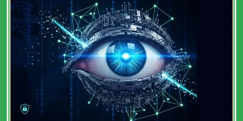 Futuristic floating robotic eye with a piercing gaze, symbolizing proactive threat detection for the Identify Threats IT Security service.
