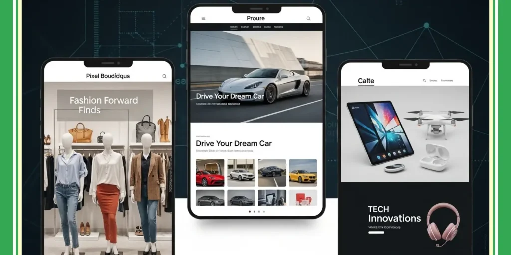 Three smartphones displaying mobile-optimised online store interfaces for fashion, automotive parts, and technology gadgets, representing responsive Ecommerce and Online Store services.
