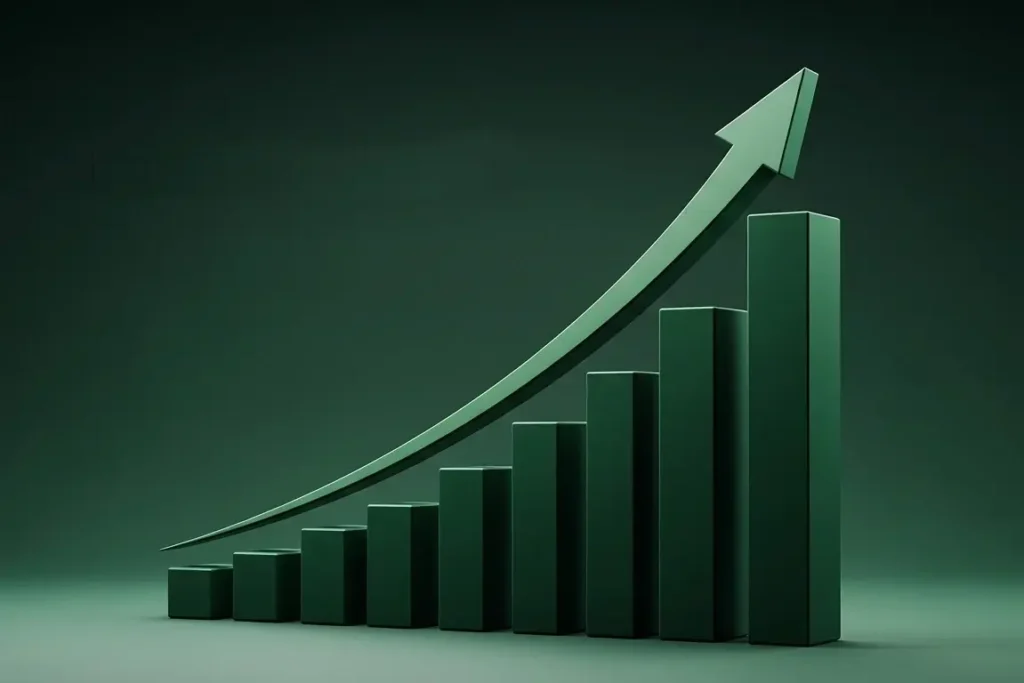 Rising green growth graph and arrow illustrating successful Lead Generation results via Google Ads, Facebook Ads, TikTok, LinkedIn, and Instagram Ads.