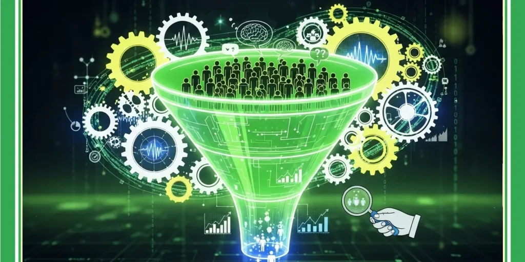 Green sales funnel filled with potential customers, backed by automated cogs, representing high-volume Lead Generation services in the Isle of Man.