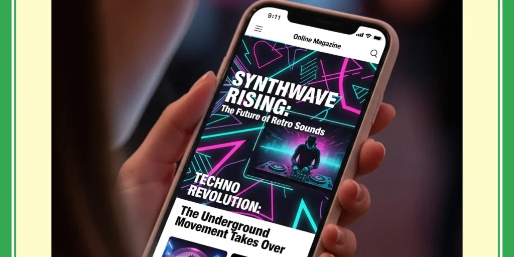 Smartphone screen displaying a content-rich online magazine layout, illustrating responsive digital publishing solutions for News and Media Website services.