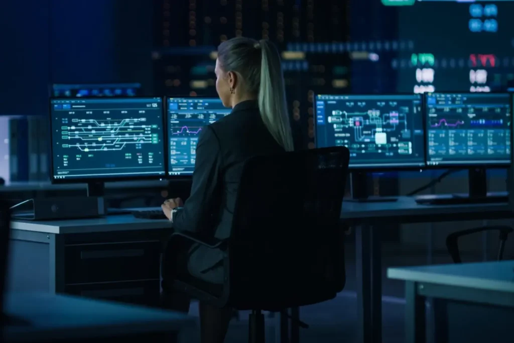 Female security analyst monitoring multiple data streams in a darkened Security Operations Centre (SOC), illustrating vigilant 24/7 Managed Monitoring and IT Security services.