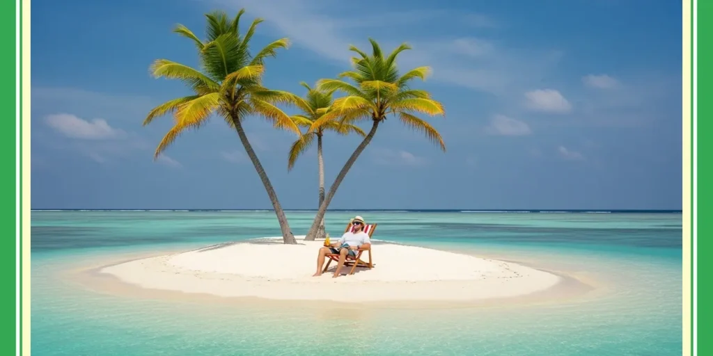 Relaxed man in a deckchair on a tiny tropical island, playfully illustrating the strategic peace of mind and advantages of offshore cyber services.