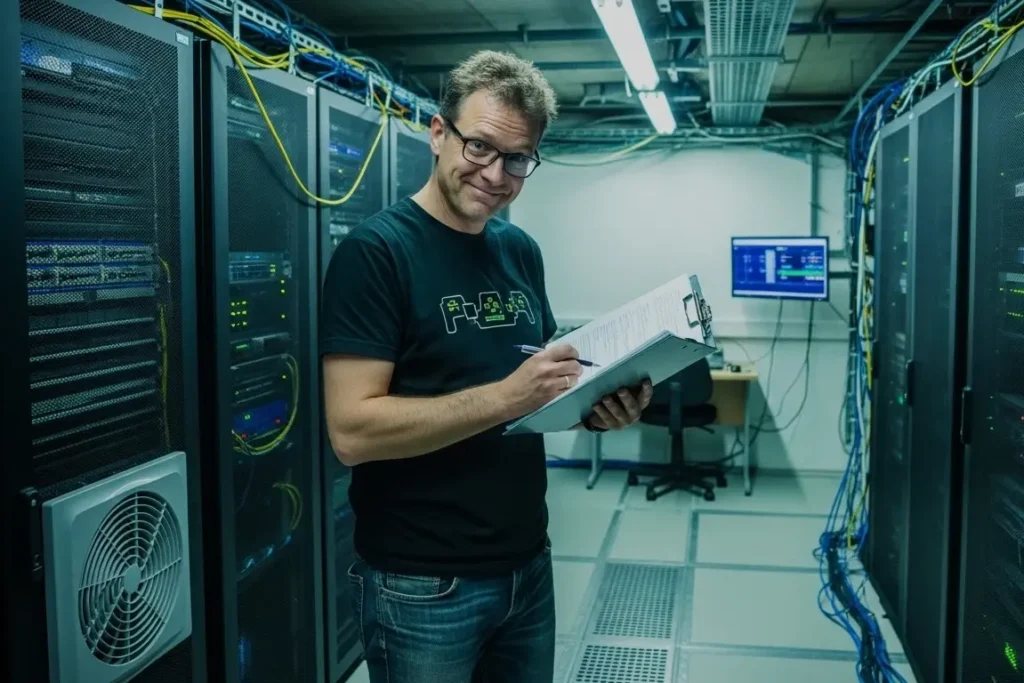Technician with a clipboard performing security checks, representing secure hosting services in the Isle of Man.