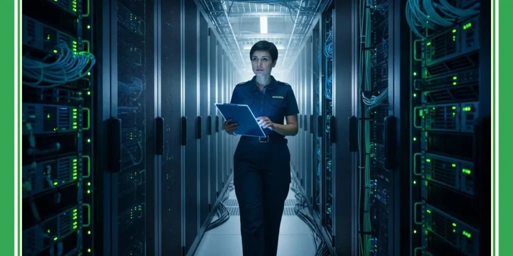Technician with a clipboard conducting physical inspections along a corridor of server banks, representing Secure Hosting and data centre infrastructure in the Isle of Man