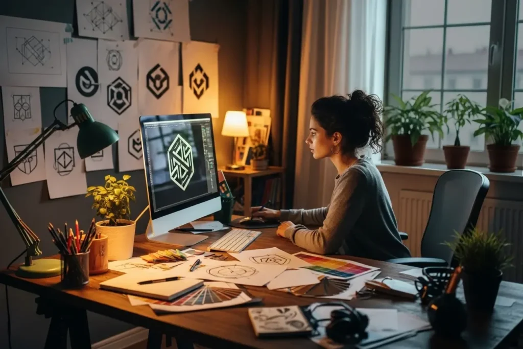 Artistic composition of a female graphic designer crafting a bespoke logo in a creative setting, representing GODDRA's professional Logo Design and branding services.