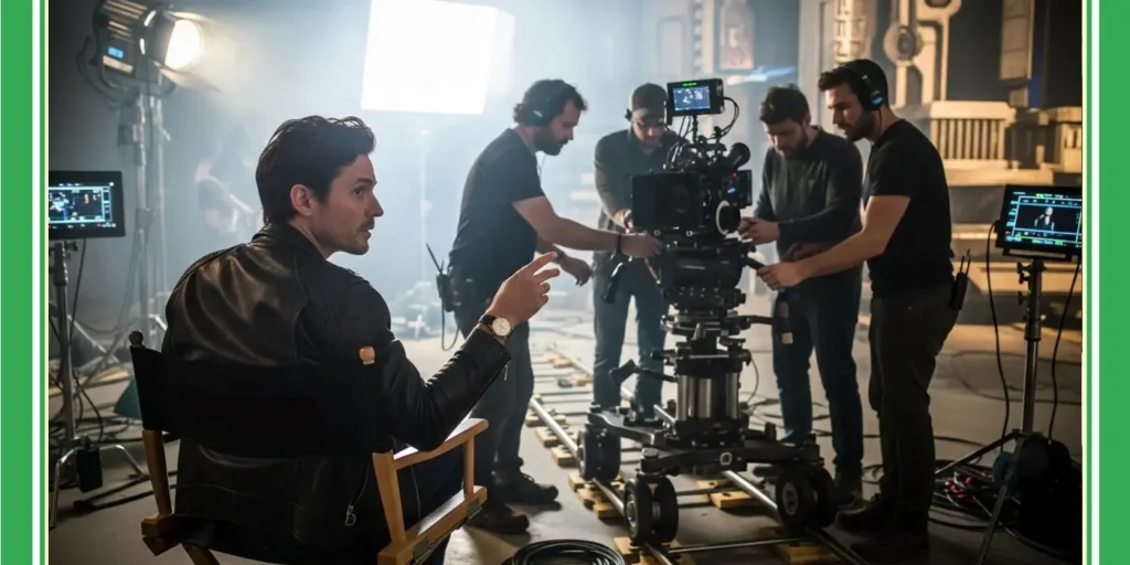 Professional film crew and director setting up a shot with cinema equipment, illustrating the high production standards of GODDRA's video editing services.