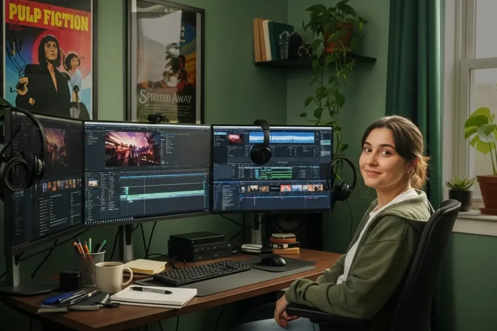 Female video editor smiling at her multi-screen workstation, representing professional video editing and content creation services in the Isle of Man.