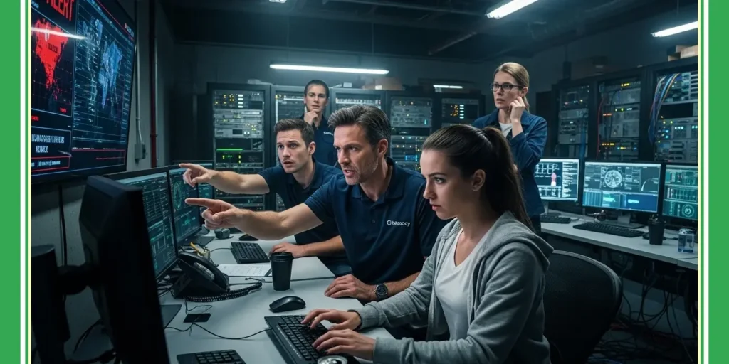 IT response team actively managing a critical incident in a high-stress 'war room' setting, representing rapid Disaster Recovery and business continuity services.