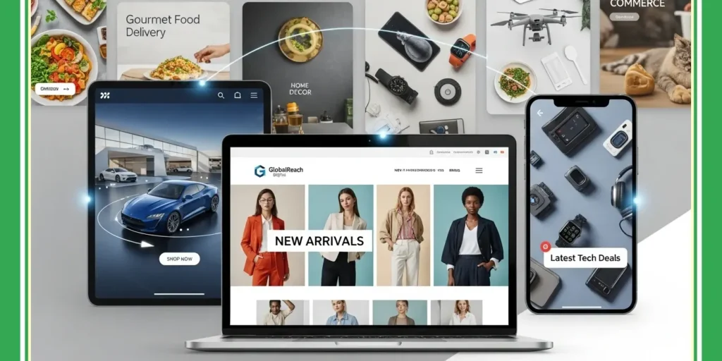 Desktop, tablet, and mobile devices displaying various website layouts, backed by a broader portfolio gallery, illustrating GODDRA's responsive Web Design capabilities.