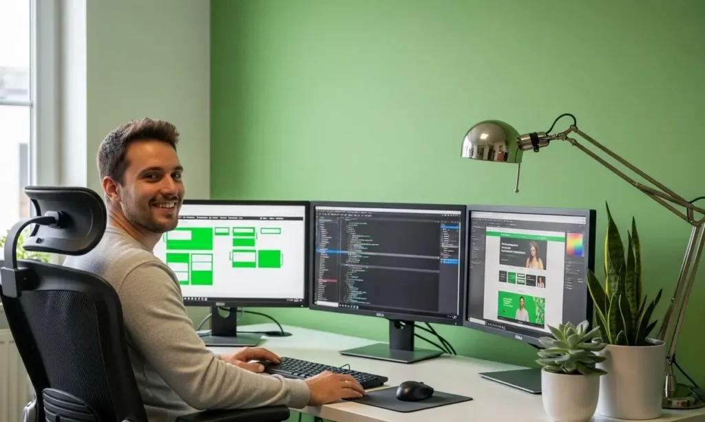 Friendly web developer pausing work to smile in the branded GODDRA green office, illustrating the approachable and expert team behind our Web Development services.
