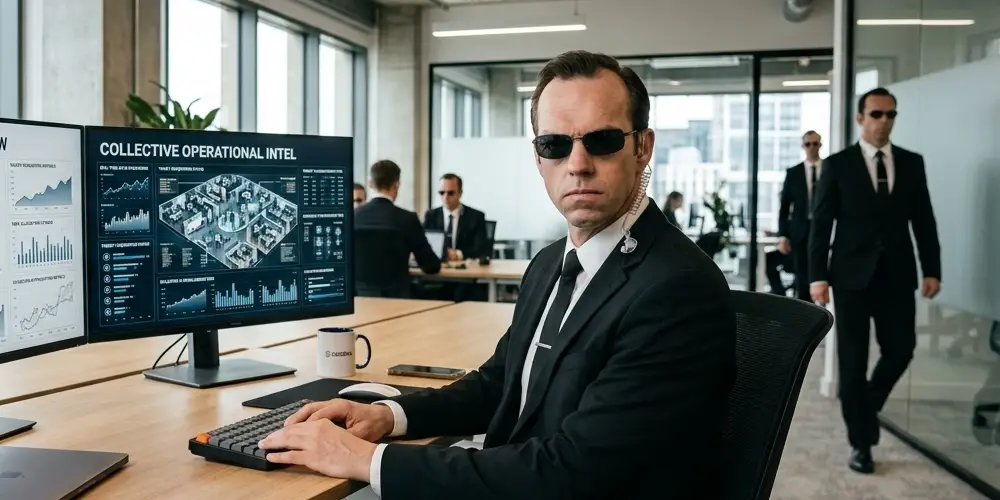 Multiple men in black suits and sunglasses working at computer desks in a modern office, representing an AI agent swarm.