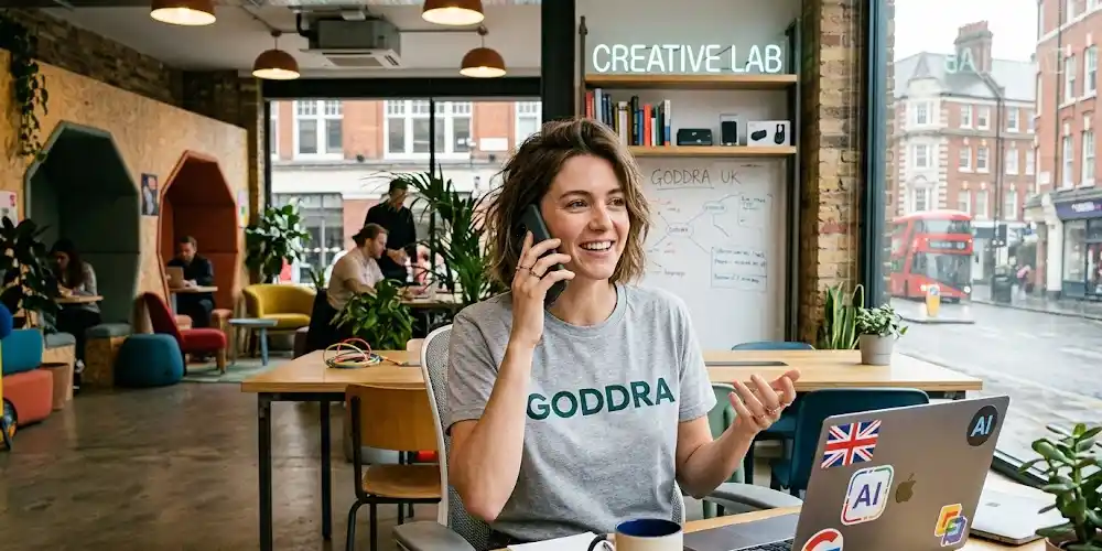 Female GODDRA employee sitting at her desk in a trendy office, smiling while talking on a mobile phone.