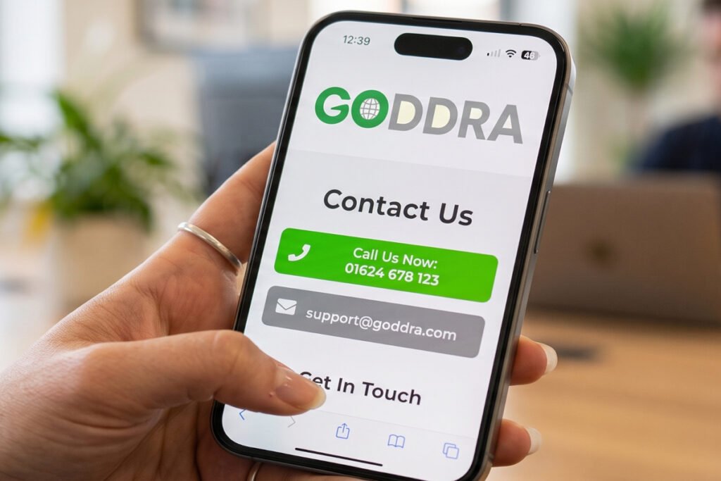 A hand holds a smartphone displaying the GODDRA contact page, showing the green and grey GODDRA logo and click-to-call and email buttons.