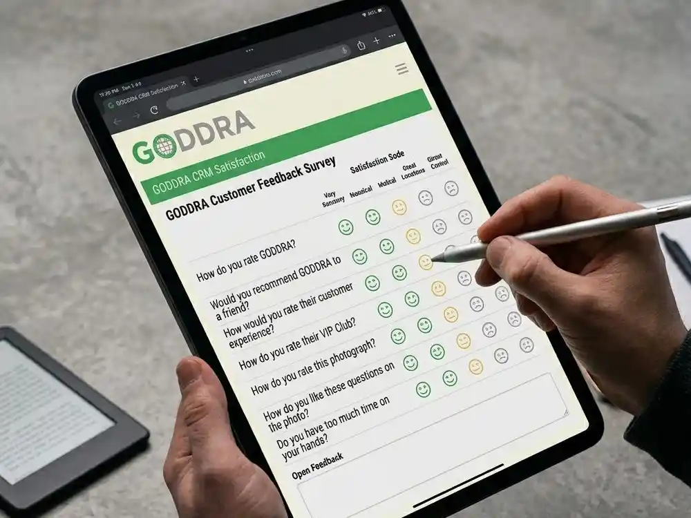 Client completing a GODDRA CRM satisfaction survey on a tablet device.