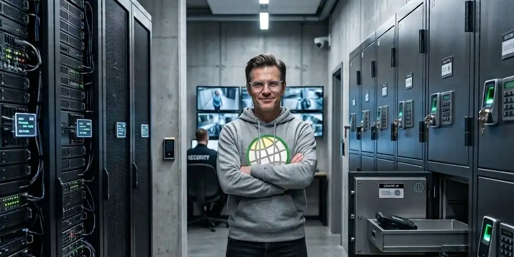 A GODDRA IT security technician wearing a branded hoodie, standing between secure vault units for encrypted device storage.