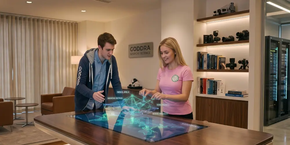Two GODDRA employees interacting with a 3D holographic global threat network display on a large futuristic smart table in a modern executive office.