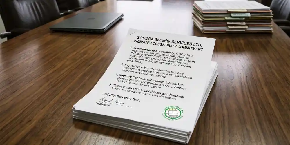Accessibility contract paperwork placed on a wooden table in a office conference room.