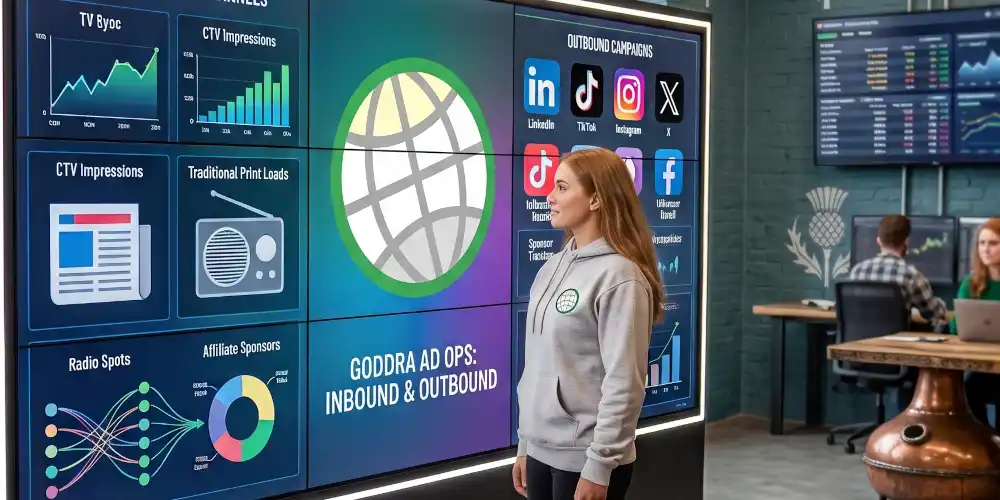 A GODDRA employee in a London office looking up at a massive display screen showing real-time advertising operations data.