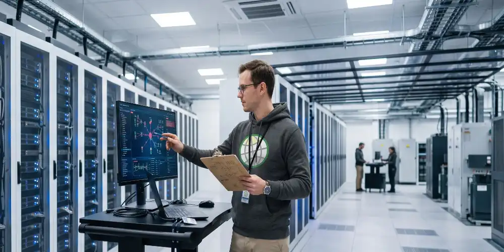 A GODDRA IT security expert in a server room tapping a touchscreen monitor while holding a clipboard to log backups.