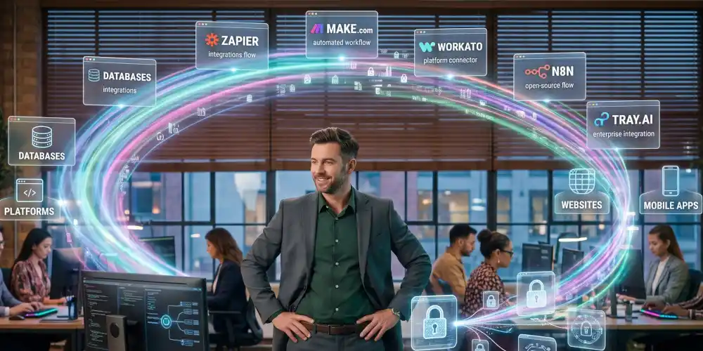 Male consultant in a suit standing in an office with hands on hips, surrounded by translucent AI automation platform logos.