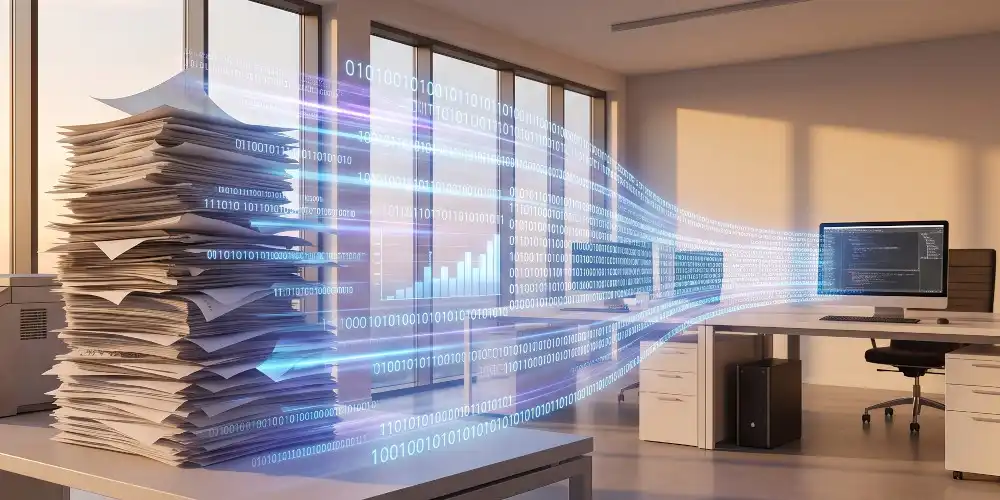 Paperwork on an office desk with glowing translucent data streams transferring automatically into a nearby computer monitor.