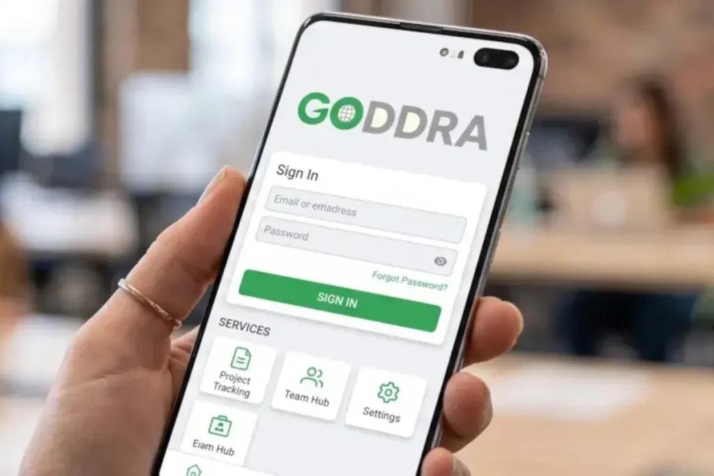 Close-up of a hand holding a smartphone showcasing a sleek, high-tech mobile application interface on screen.