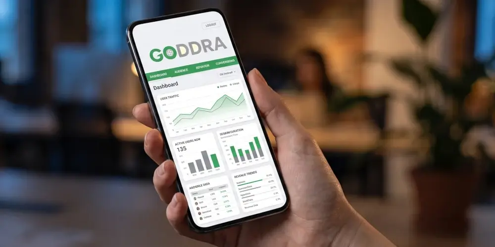 A hand holds a smartphone displaying the GODDRA mobile analytics app dashboard, showing charts and data graphs.