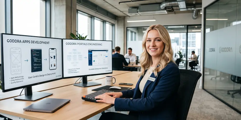 Female GODDRA employee seated at an office desk working on UI/UX app designs and client portal layouts across dual screens.