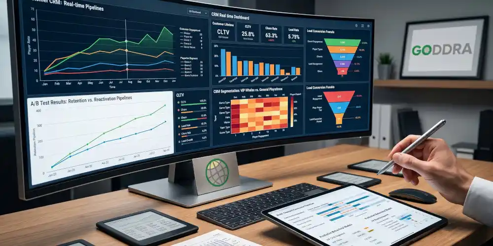 A computer screen displaying a Business Intelligence dashboard with CRM metrics, key performance indicators, data visualisation graphs, and user analytics.