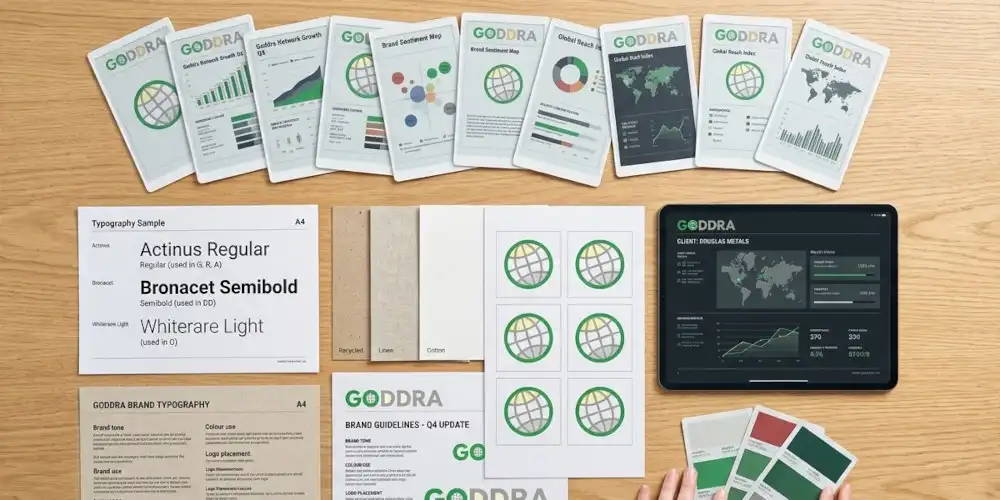 A brand identity kit laid out on a table featuring color swatches, typography cards, a tablet showing brand guidelines, and logo variations.