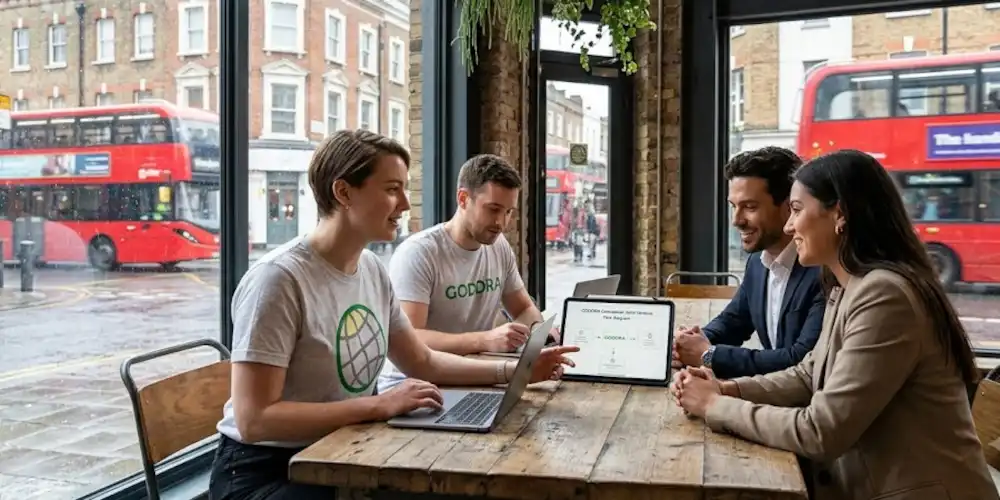 Two GODDRA CRM consultants presenting strategies to two client representatives in a modern office with a red London bus visible outside.