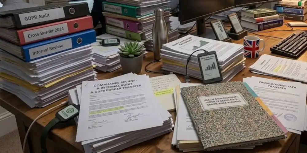 Regulatory compliance paperwork and legal documents neatly arranged on a wooden office desk.