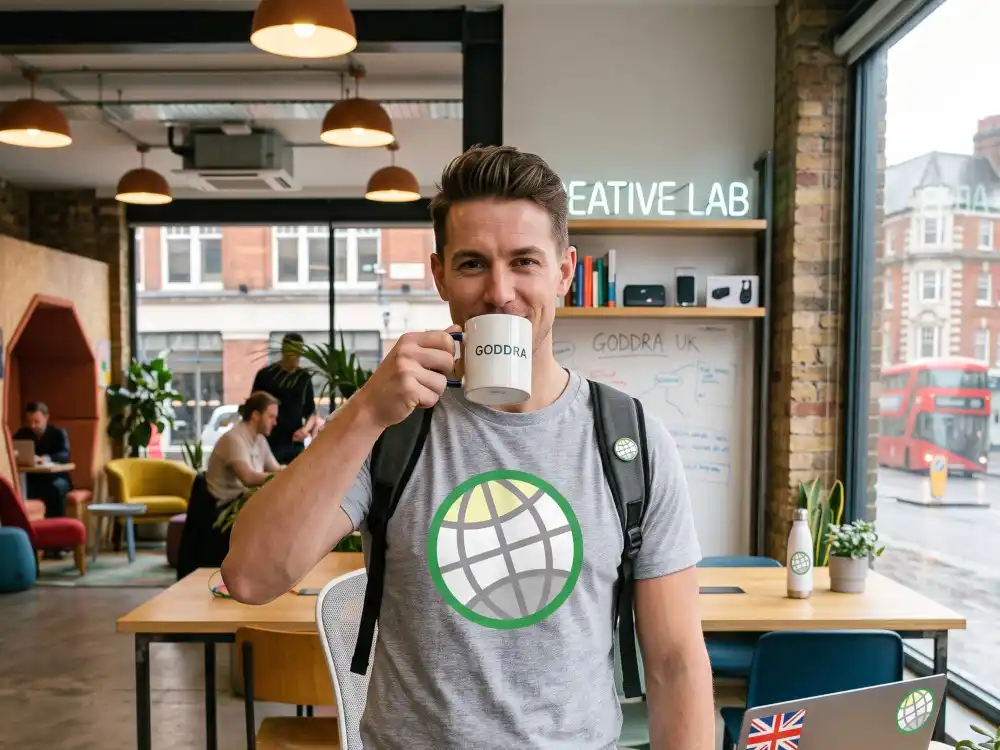 GODDRA AI consultant enjoying a cuppa in a modern office.