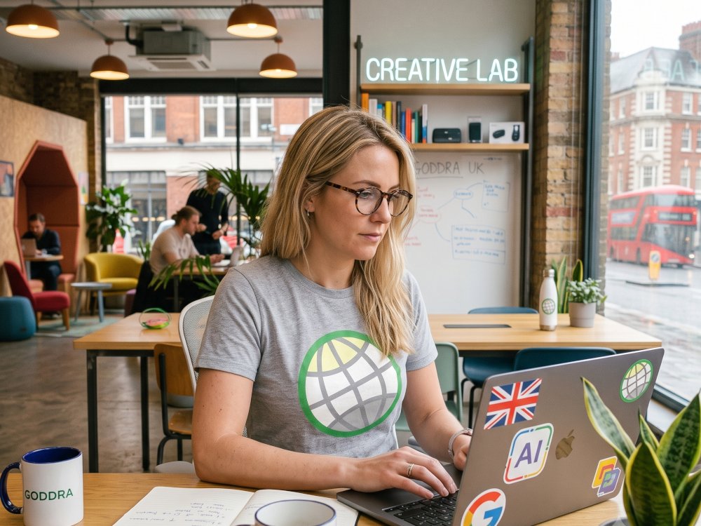 A female GODDRA consultant in a branded t-shirt working on a laptop within a trendy office.