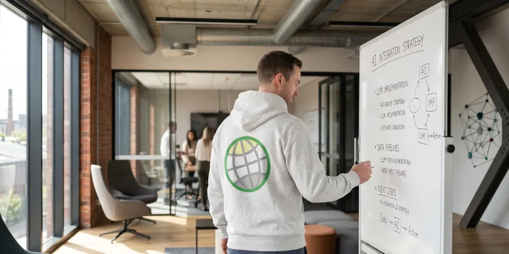 GODDRA consultant standing at a whiteboard, mapping out an AI integration plan with system flowcharts in a modern office.