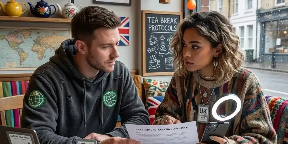 A GODDRA consultant and a popular influencer discussing a joint venture opportunity over tea in a quaint tea shop.