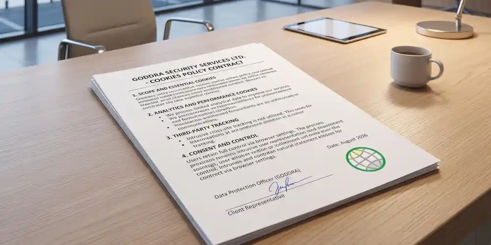 Cookie policy document lying on a pale wooden personal desk.