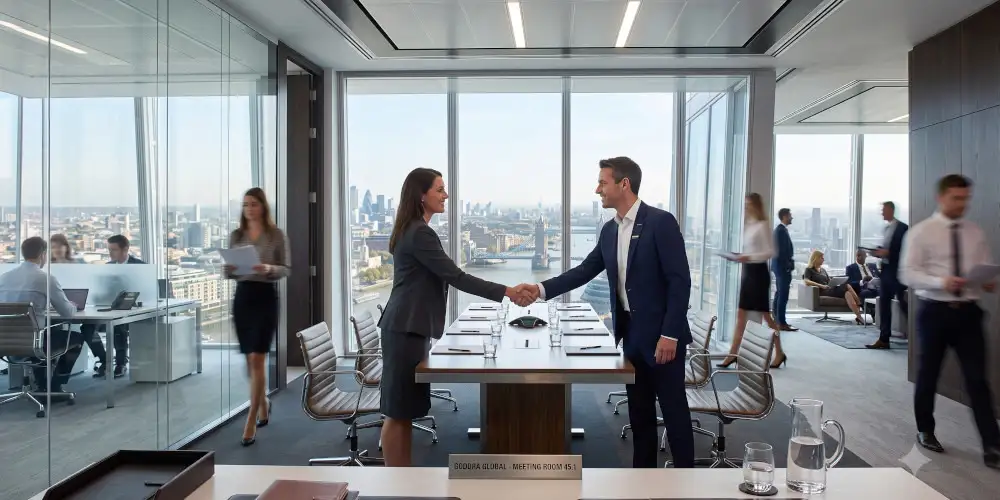 Smartly dressed business professionals shaking hands to finalize a deal in a corporate agency office.