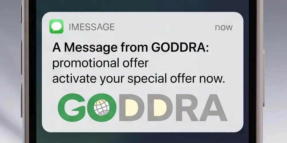 A close-up shot of a smartphone screen showing a CRM SMS notification reading "A message from GODDRA PROMOTIONAL OFFER activate your special offer now".